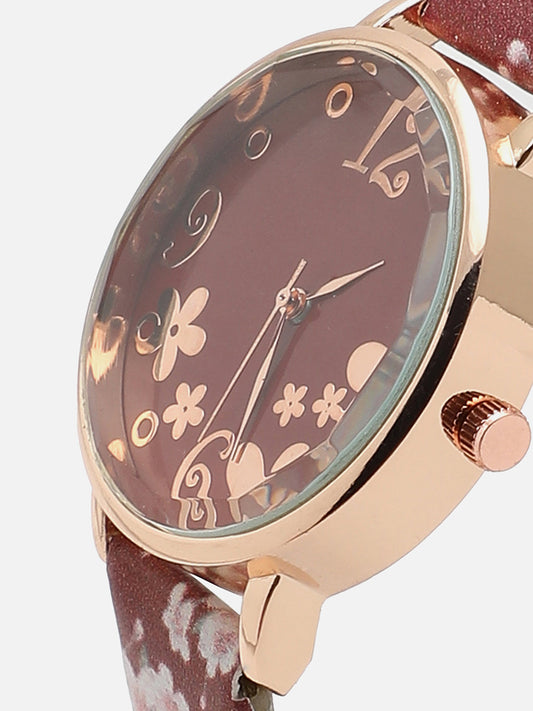 Brown Decorative Analog Round Dial With Floral Printed Leather Strap Watch & Bracelet