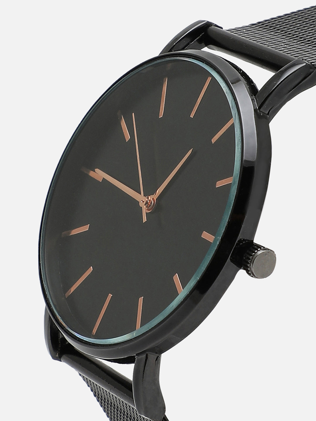 Black Analog Round Dial With Black Metal Strap Watch & Bracelets