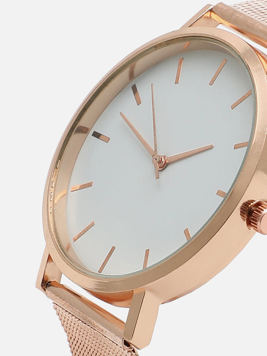 White Analog Round Dial With Gold Metal Strap Watch & Bracelets