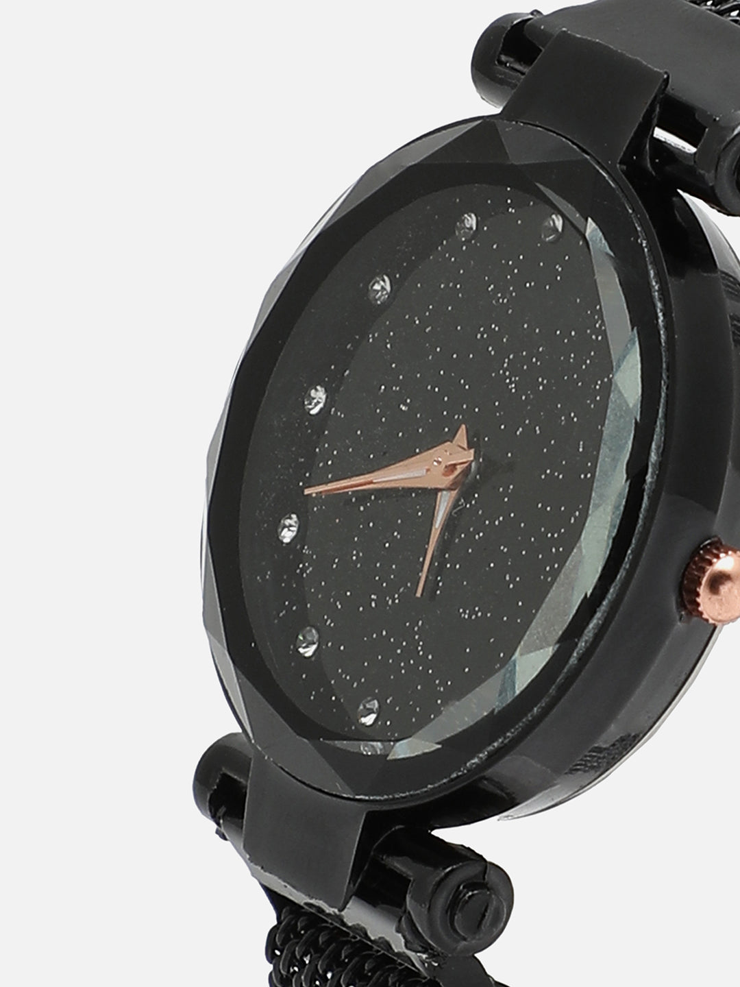 Black Embellished Analog Round Dial With Black Metal Mesh Strap Watch & Bracelets