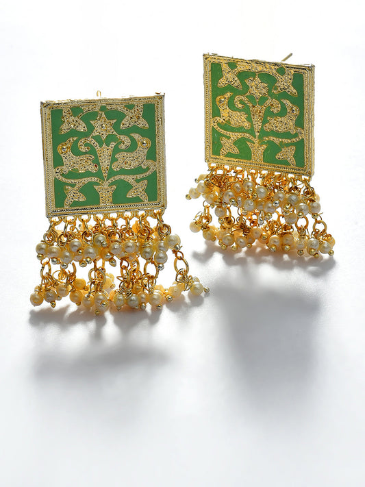 GREEN MEENAKARI & PEARLS STUD