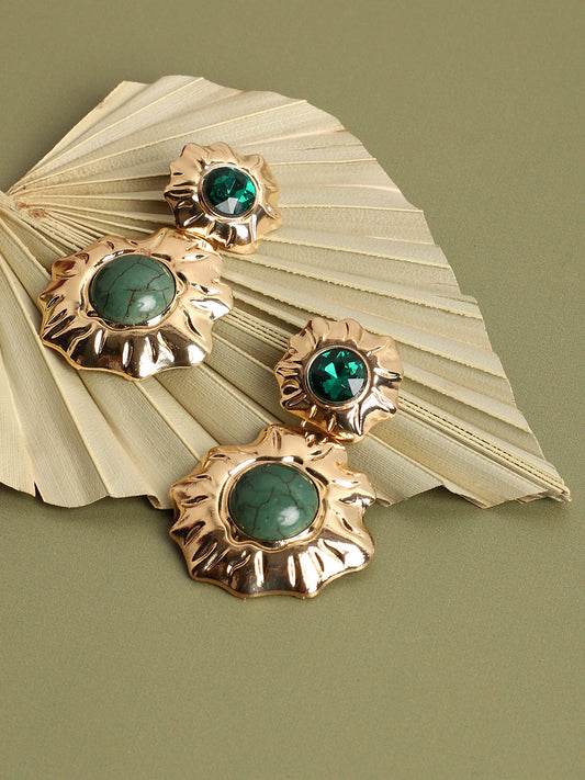 Green Stones Gold Plated Designer Drop Earrings