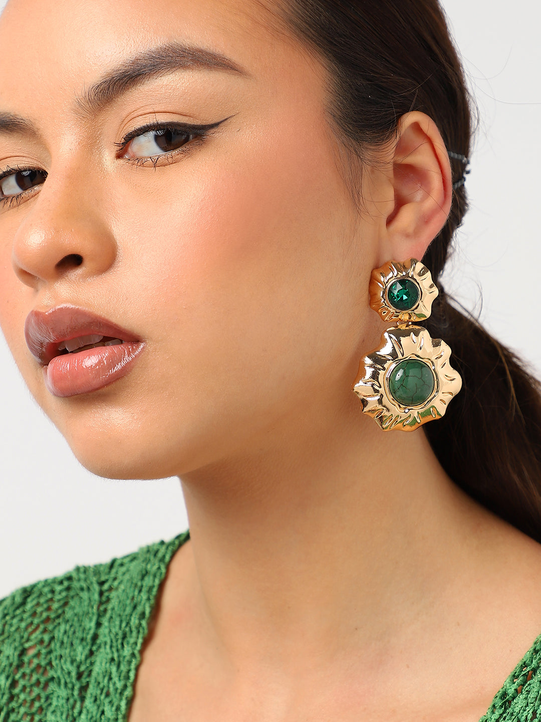 Green Stones Gold Plated Designer Drop Earrings