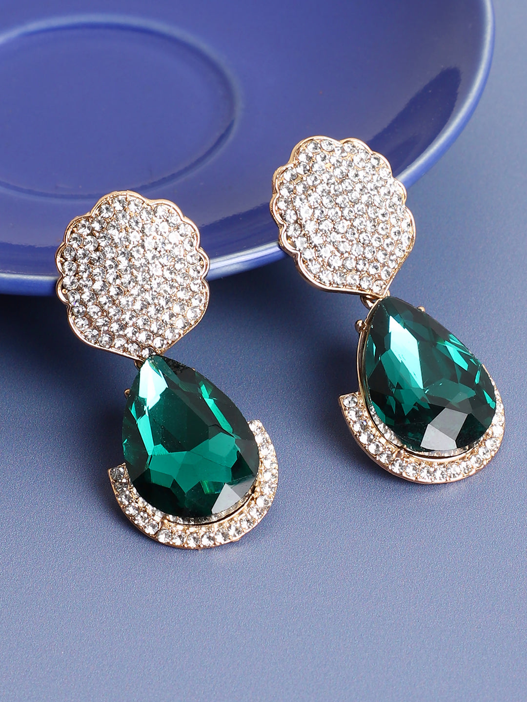 Green Stone Rhinestones Drop Earrings