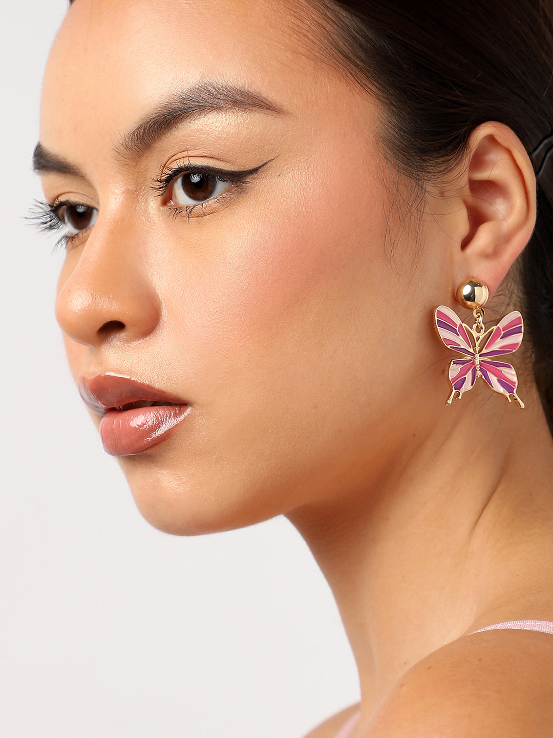 GOLD PLATED PINK BUTTERFLY SHAPED EARRINGS FOR WOMEN