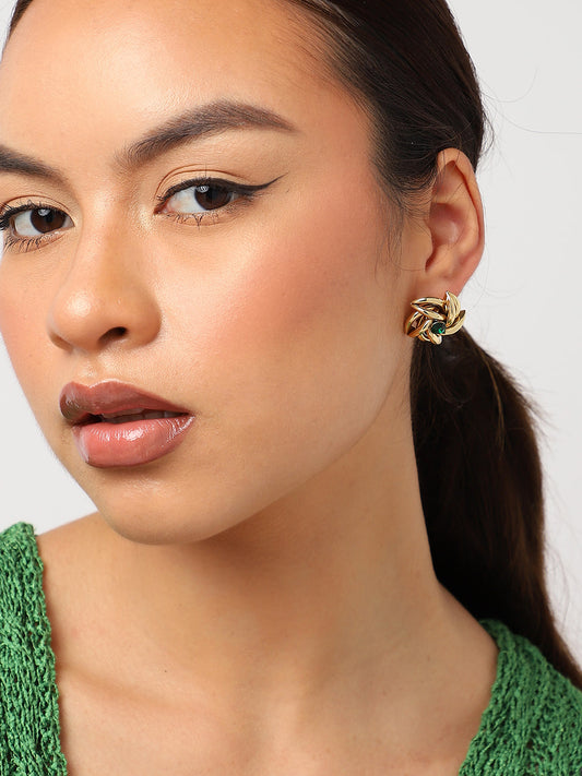 Green Stone Gold Plated Stud Earrings