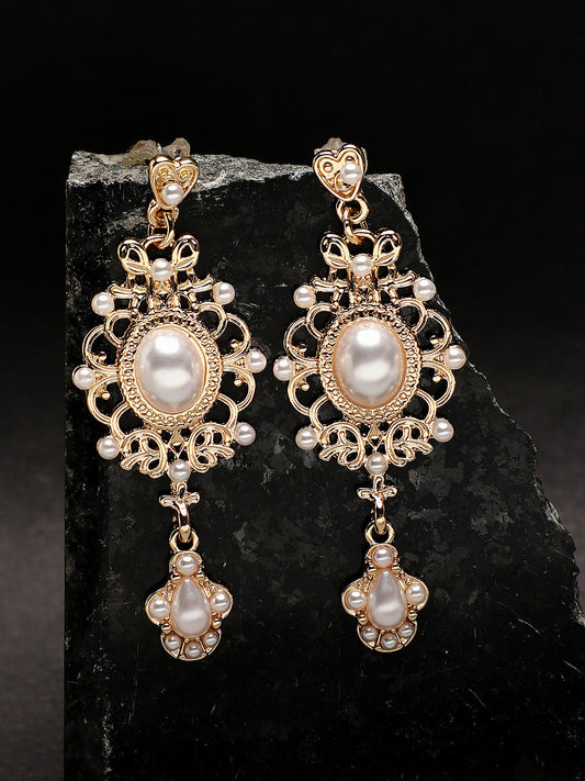 Gold Plated Party Designer Stone and Pearls Drop Earring For Women
