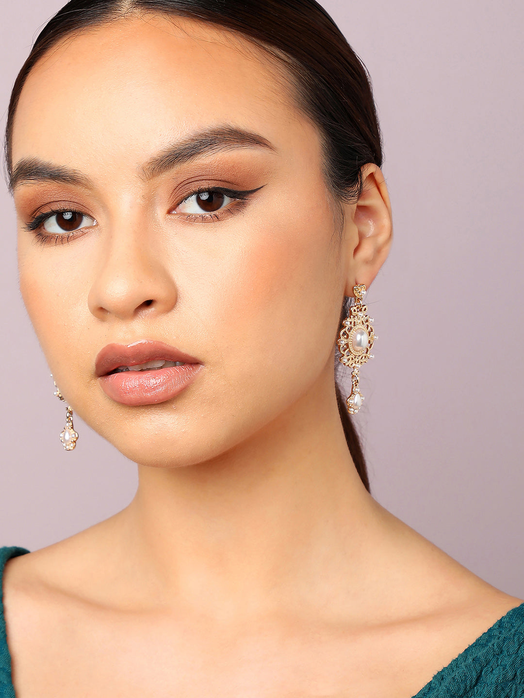 Gold Plated Party Designer Stone and Pearls Drop Earring For Women