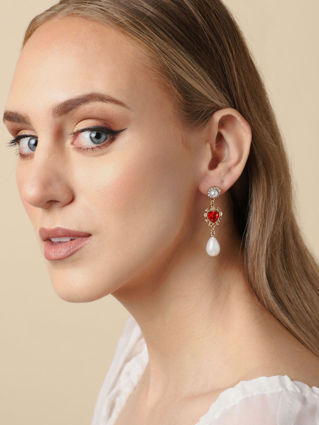 Gold Plated Party Designer Stone and Pearls Drop Earring For Women