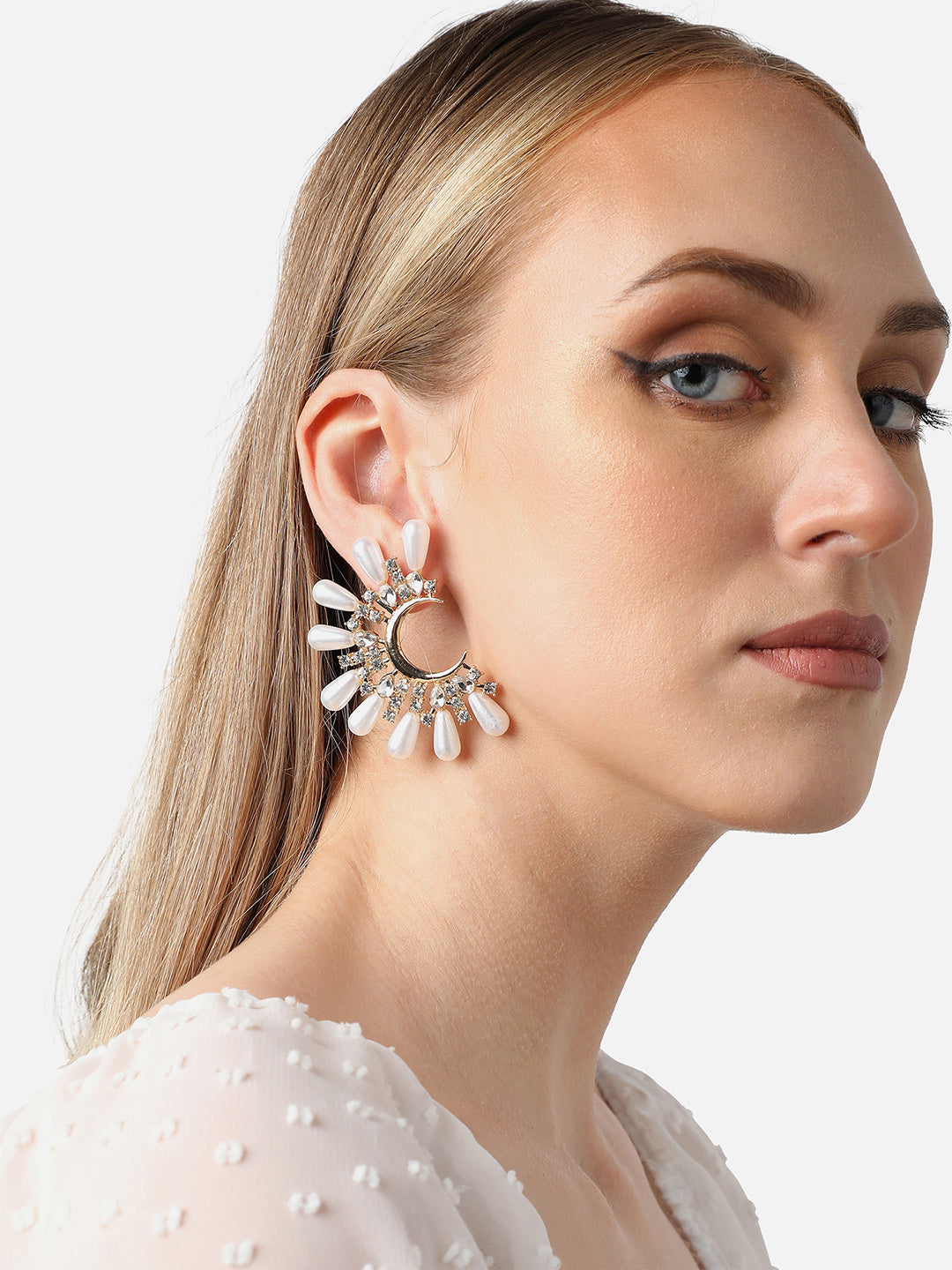 Gold Plated Party Designer Stone and Pearls Stud For Women