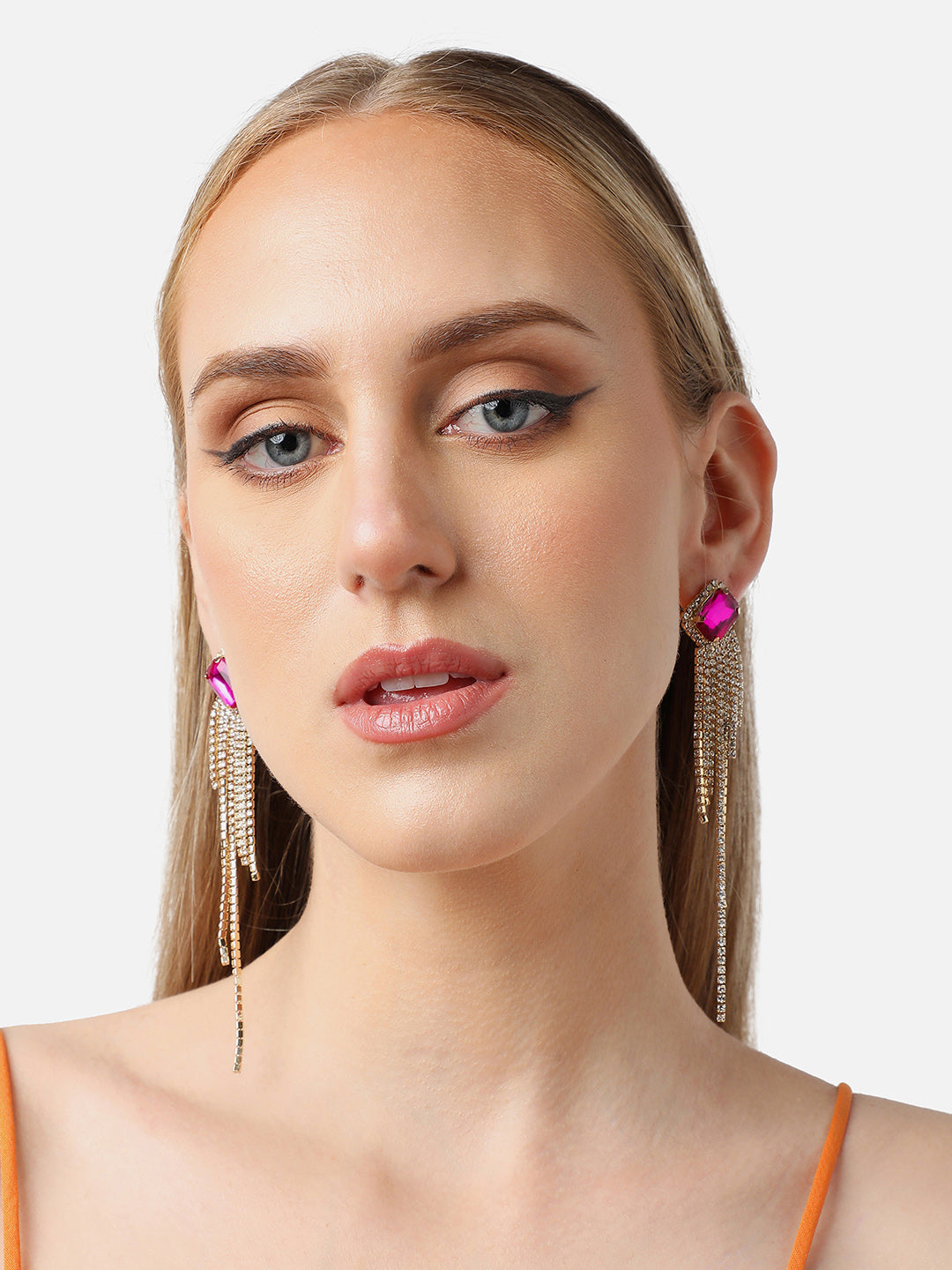 Magenta Rhinestone Drop Earrings