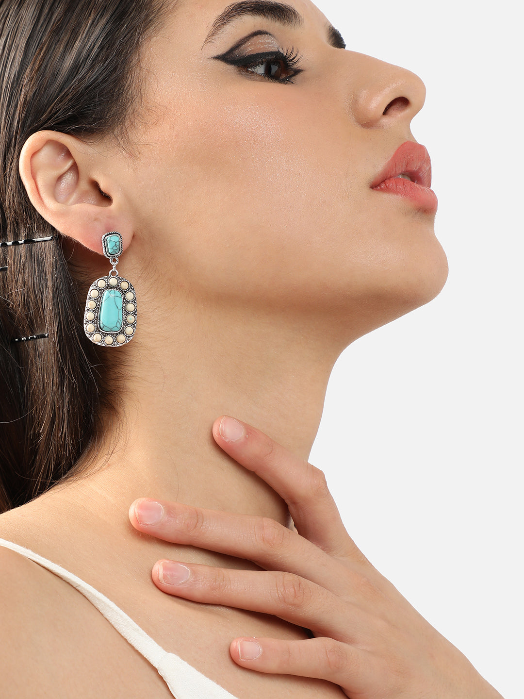SILVER PLATED PARTY DESIGNER STONE DROP EARRING FOR WOMEN