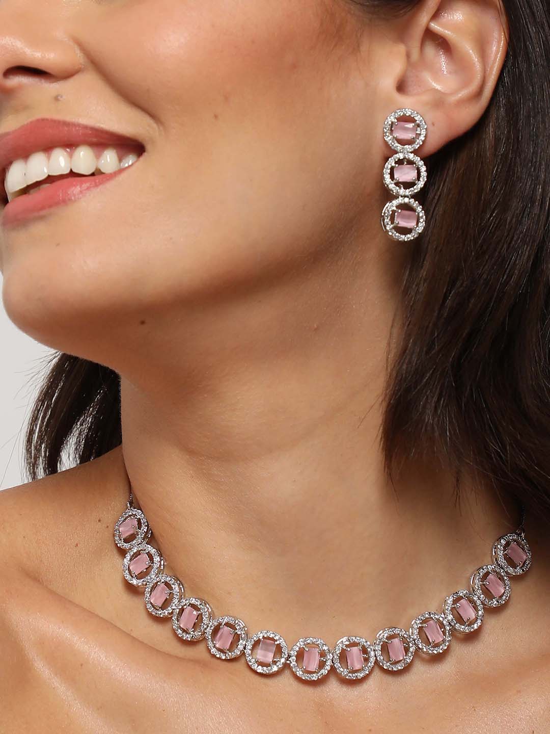 WOMENS SILVER DESIGNER STONE NECKLACE AND EARRING
