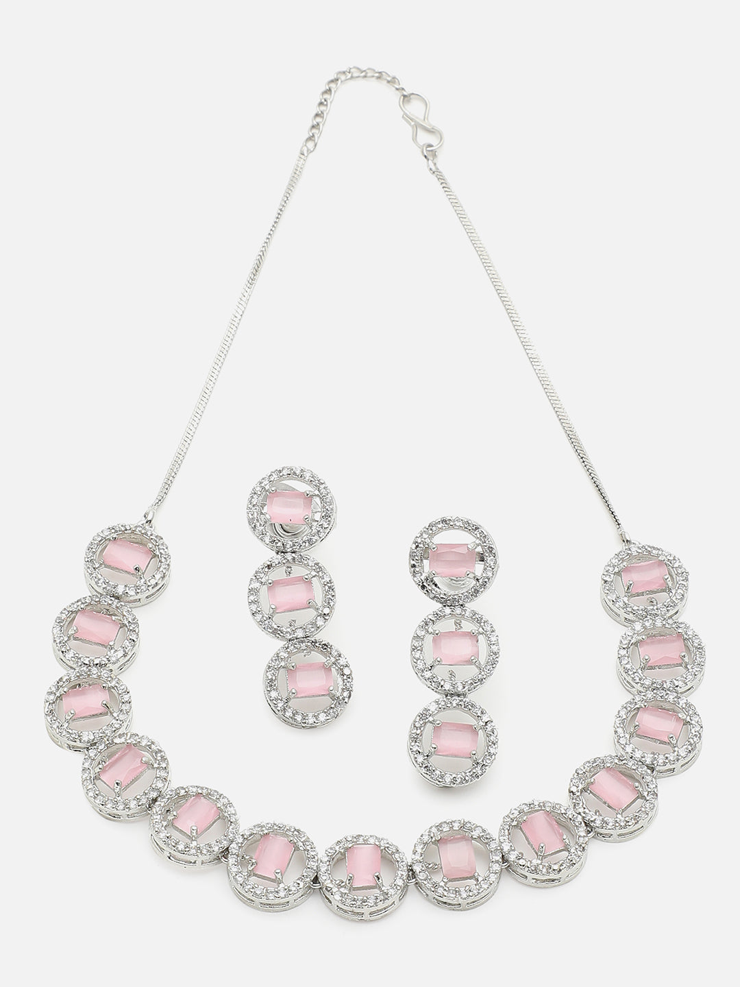 SILVER PLATED PINK STONE NECKLACE SET