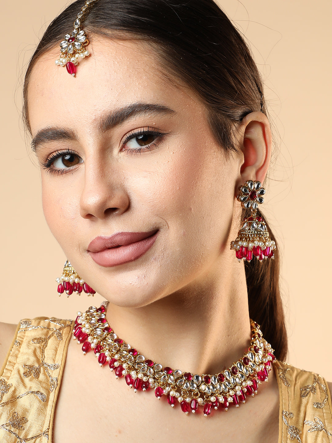SOHI RED STONES GOLD PLATED JEWELLERY SET