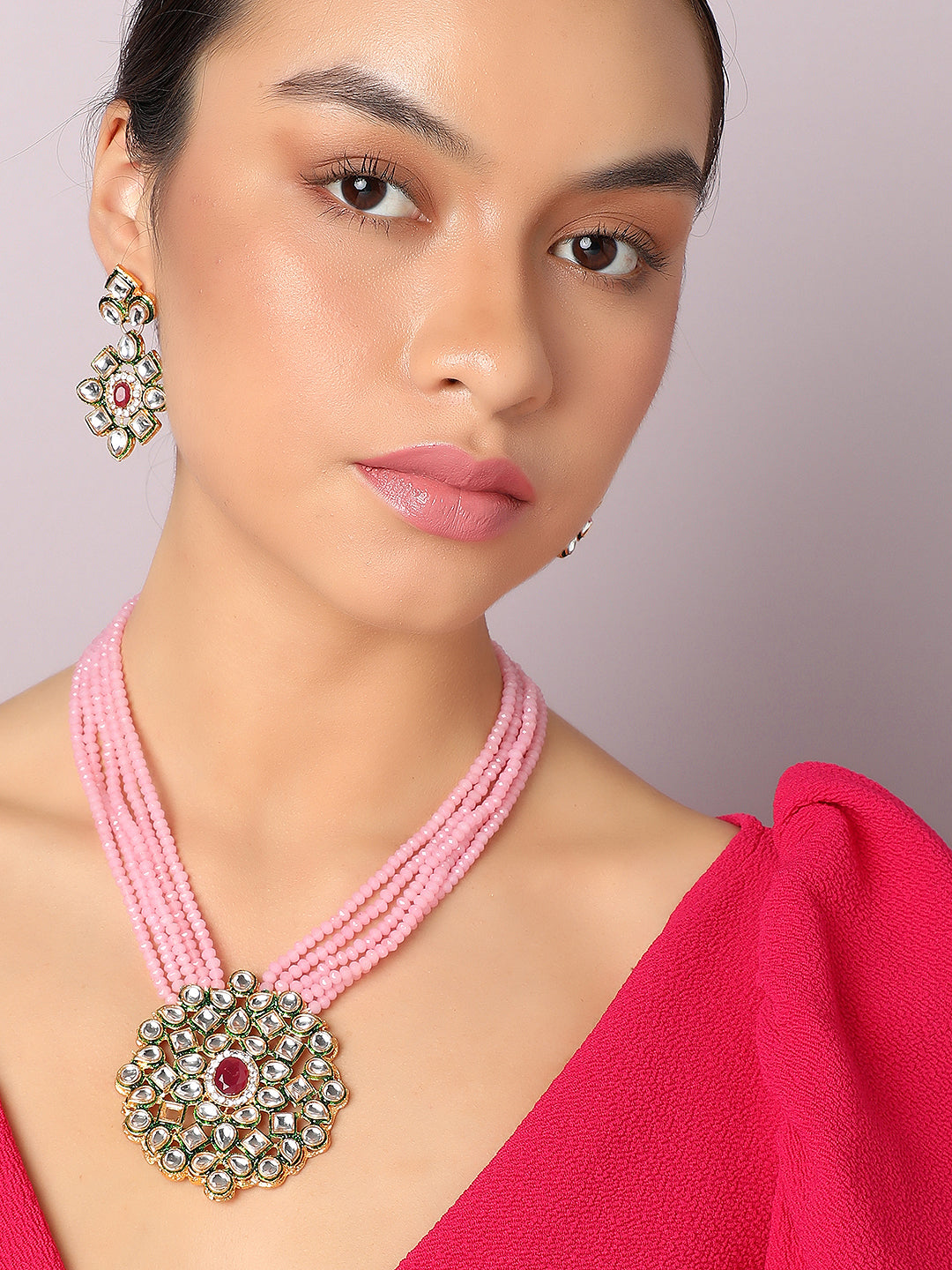 SOHI PINK BEADS KUNDAN JEWELLERY SET