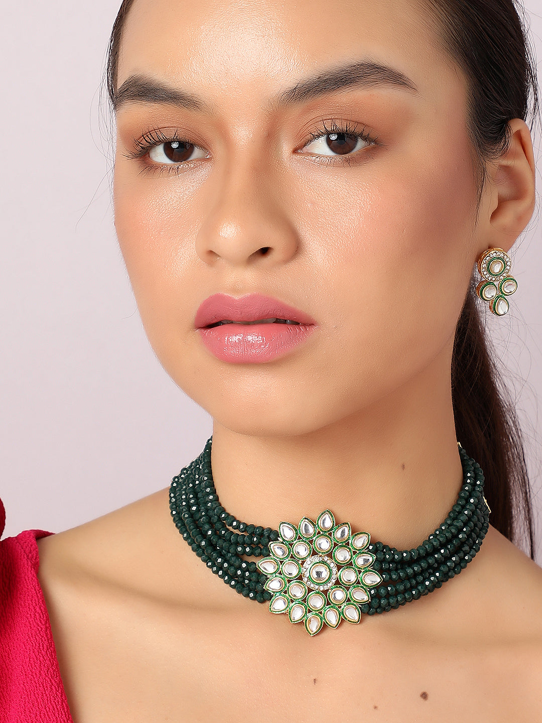 SOHI GREEN BEADS KUNDAN JEWELLERY SET