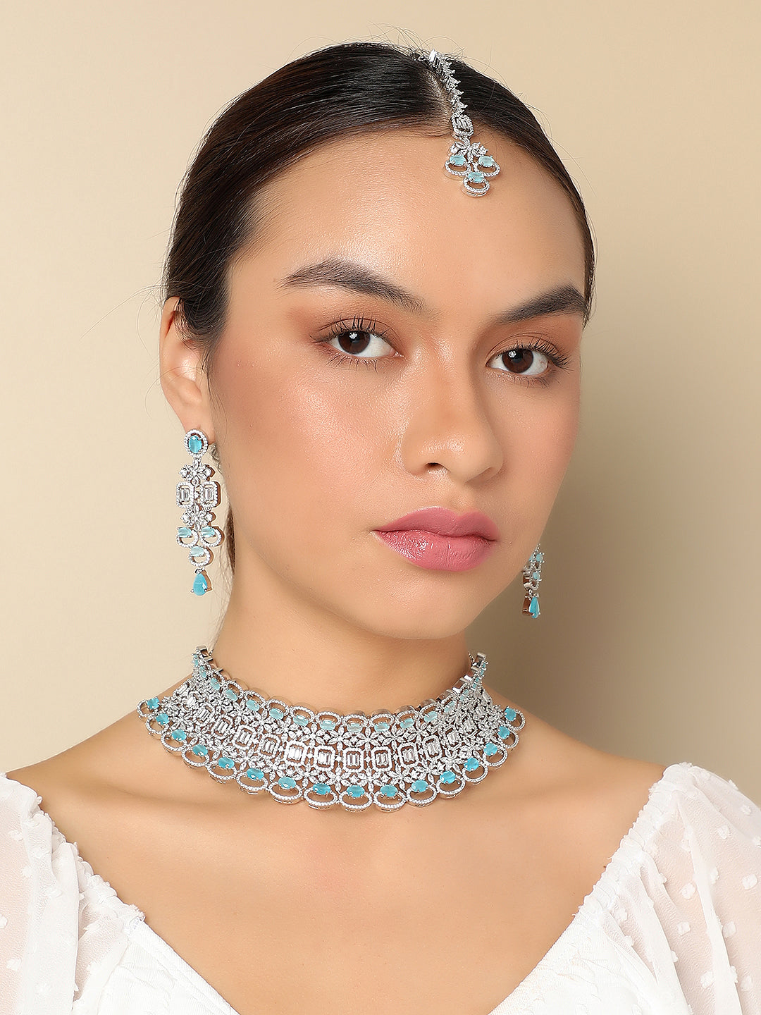 SILVER PLATED AMERICAN DIAMOND AND DESIGNER STONE NECKLACE AND EARRING SET