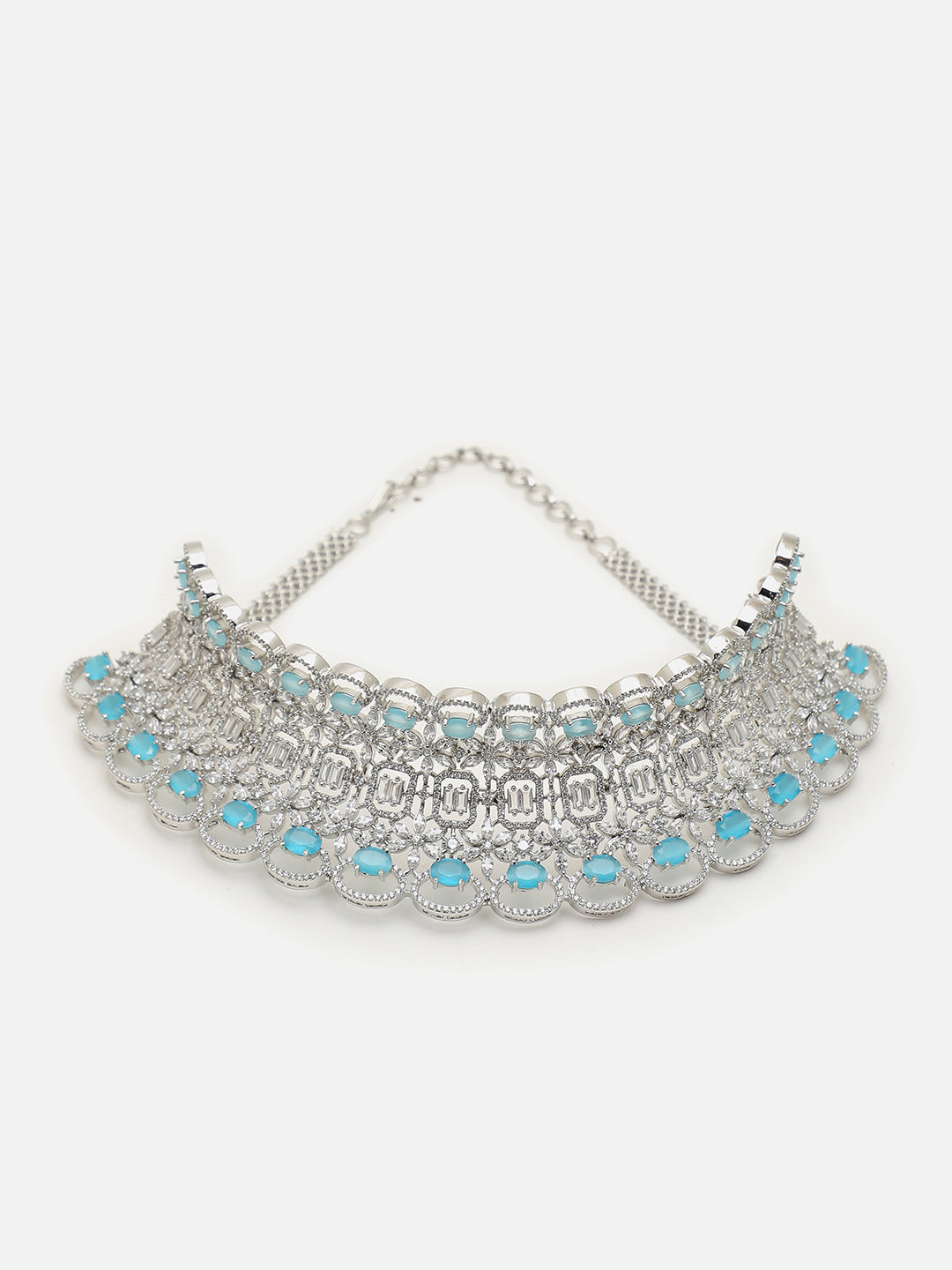 SILVER PLATED AMERICAN DIAMOND AND DESIGNER STONE NECKLACE AND EARRING SET