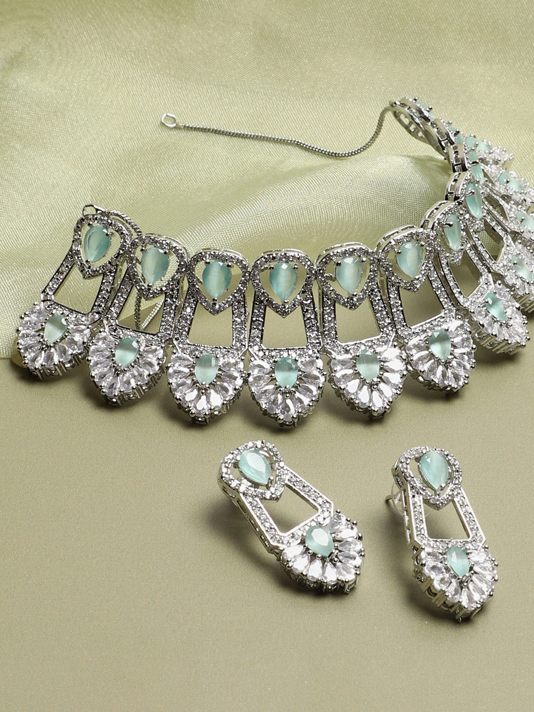 SILVER PLATED AMERICAN DIAMOND AND DESIGNER STONE NECKLACE AND EARRING SET