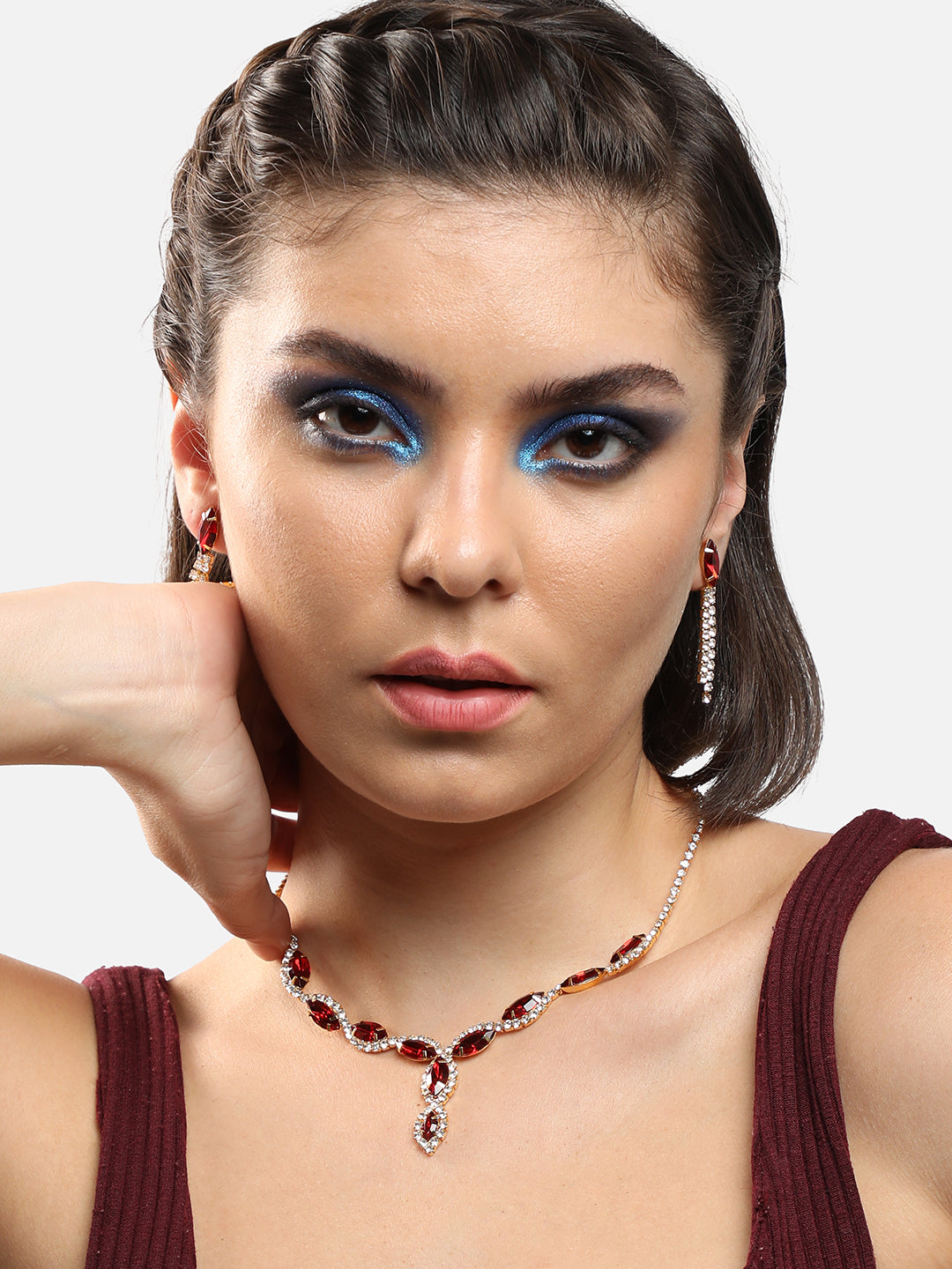 GOLD PLATED PARTY DESIGNER STONE NECKLACE AND EARRING SET FOR WOMEN