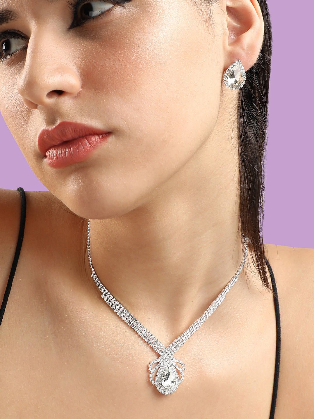 Silver Plated Party Designer Stone Necklace And Earring Set For Women