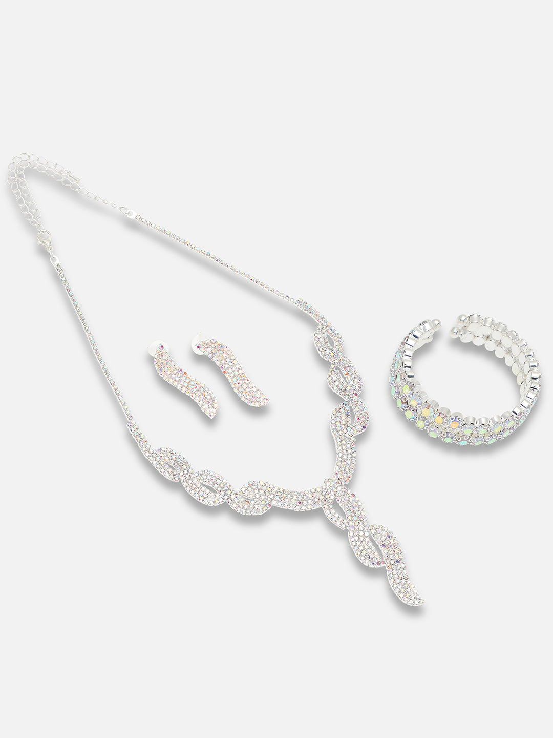 Silver Plated Party Designer Stone Necklace, Earring And Bracelet Set For Women