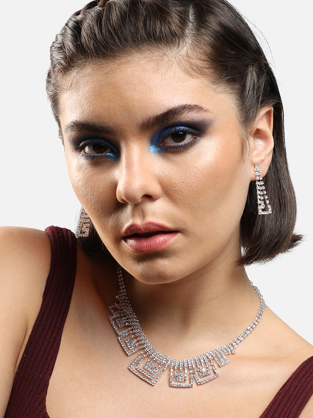 SILVER PLATED PARTY DESIGNER STONE NECKLACE AND EARRING SET FOR WOMEN