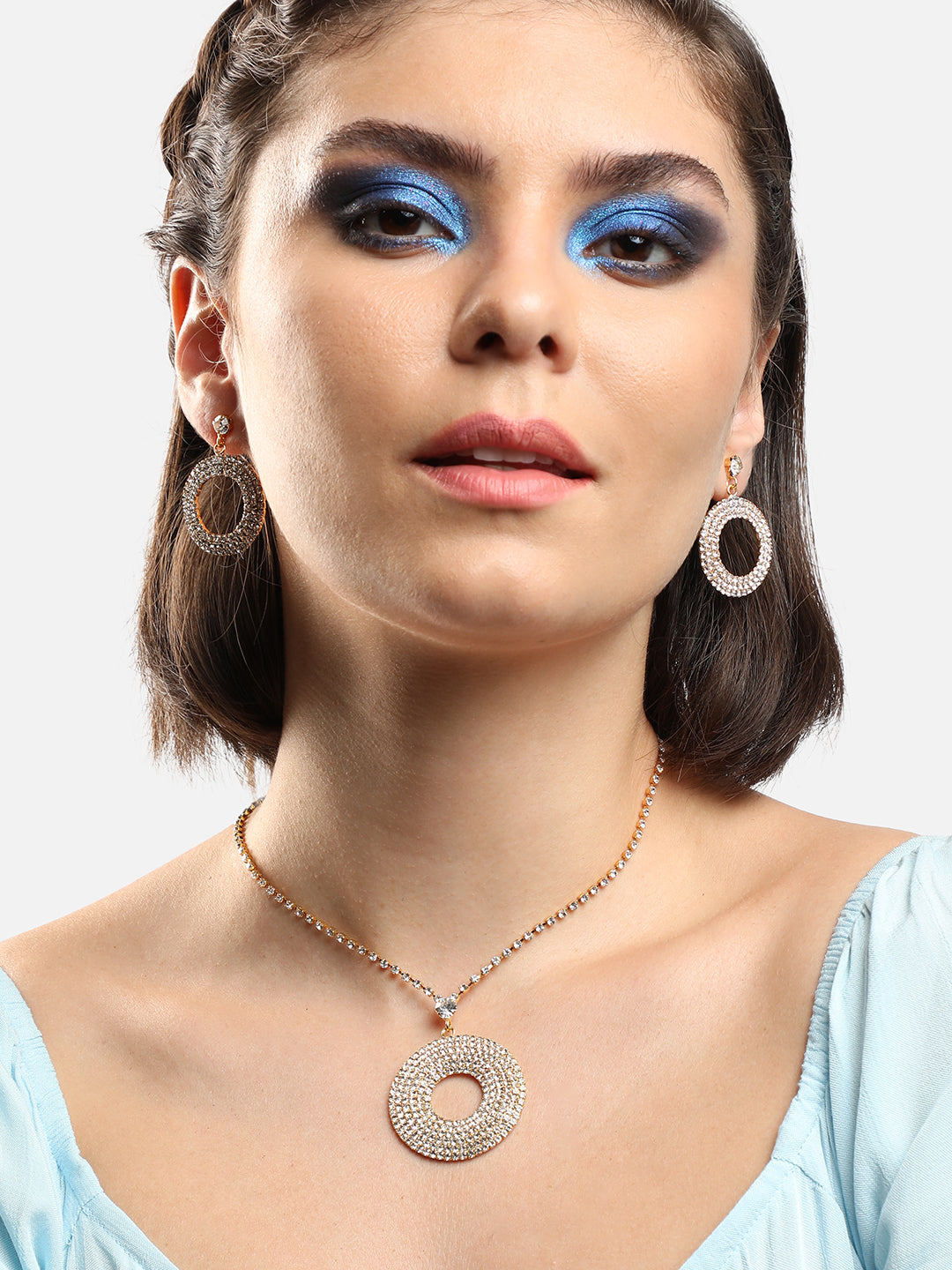 GOLD PLATED PARTY DESIGNER STONE NECKLACE AND EARRING SET FOR WOMEN