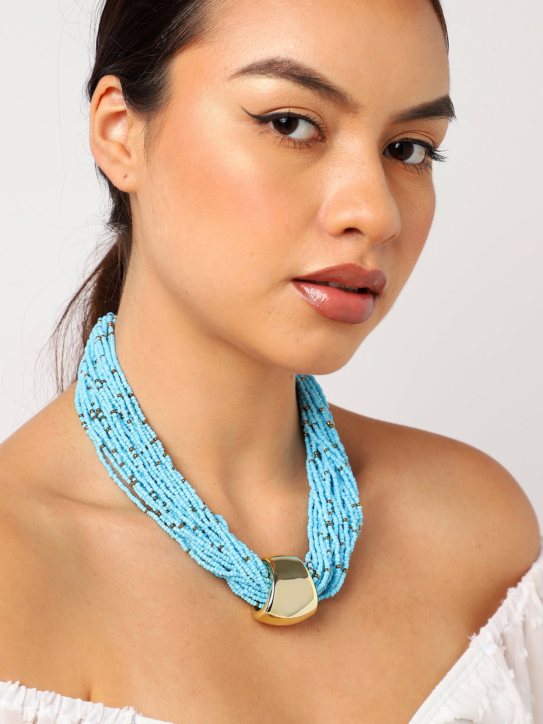 Blue Beads Gold Plated Choker Necklace