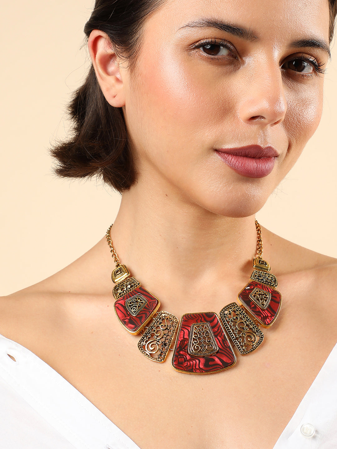 GOLD PLATED RED STONE DESIGNER NECKLACE FOR WOMEN