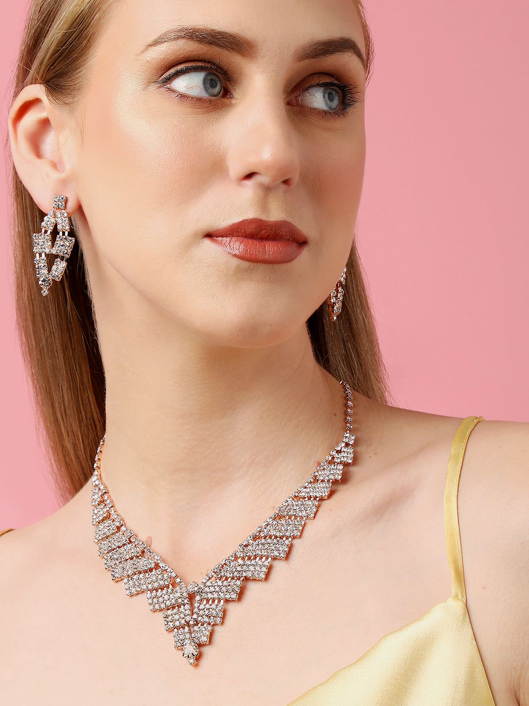 Gold Plated Party Designer Stone Necklace and Earring Set For Women