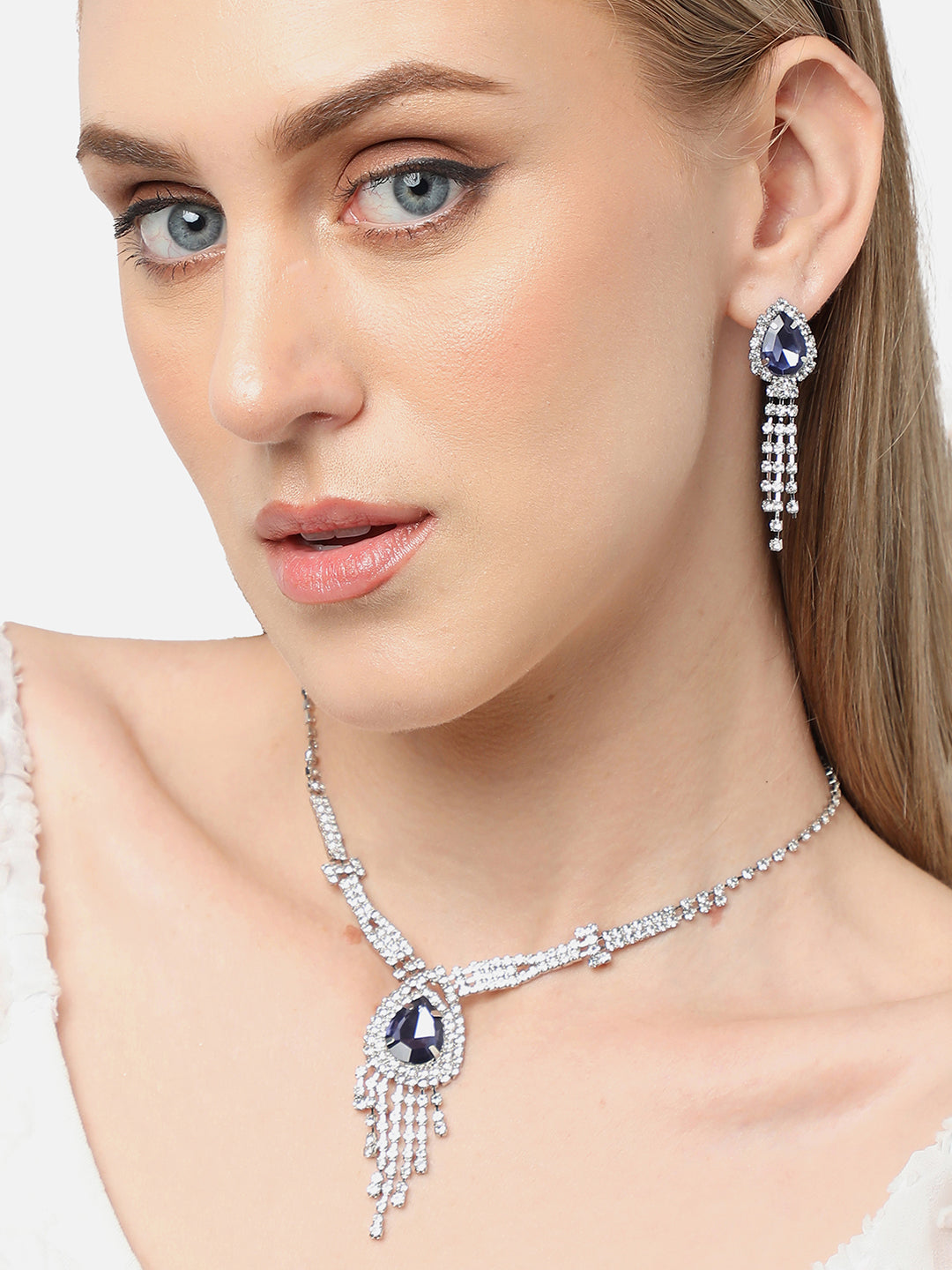 Silver Plated Party Designer Stone Necklace and Earring Set For Women