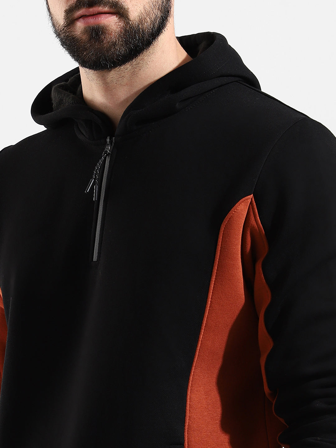 COTTON BLACK COLOUR-BLOCKED HOODIE SWEATSHIRT REGULAR FIT FOR CASUAL WEAR