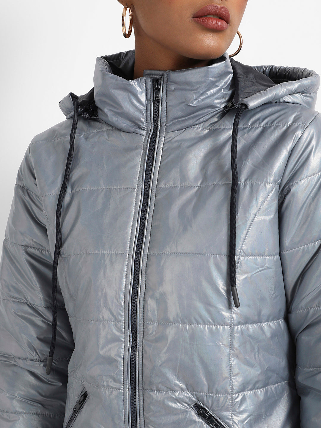 Silver Metallic Quilted Puffer Jacket With Zip Closure
