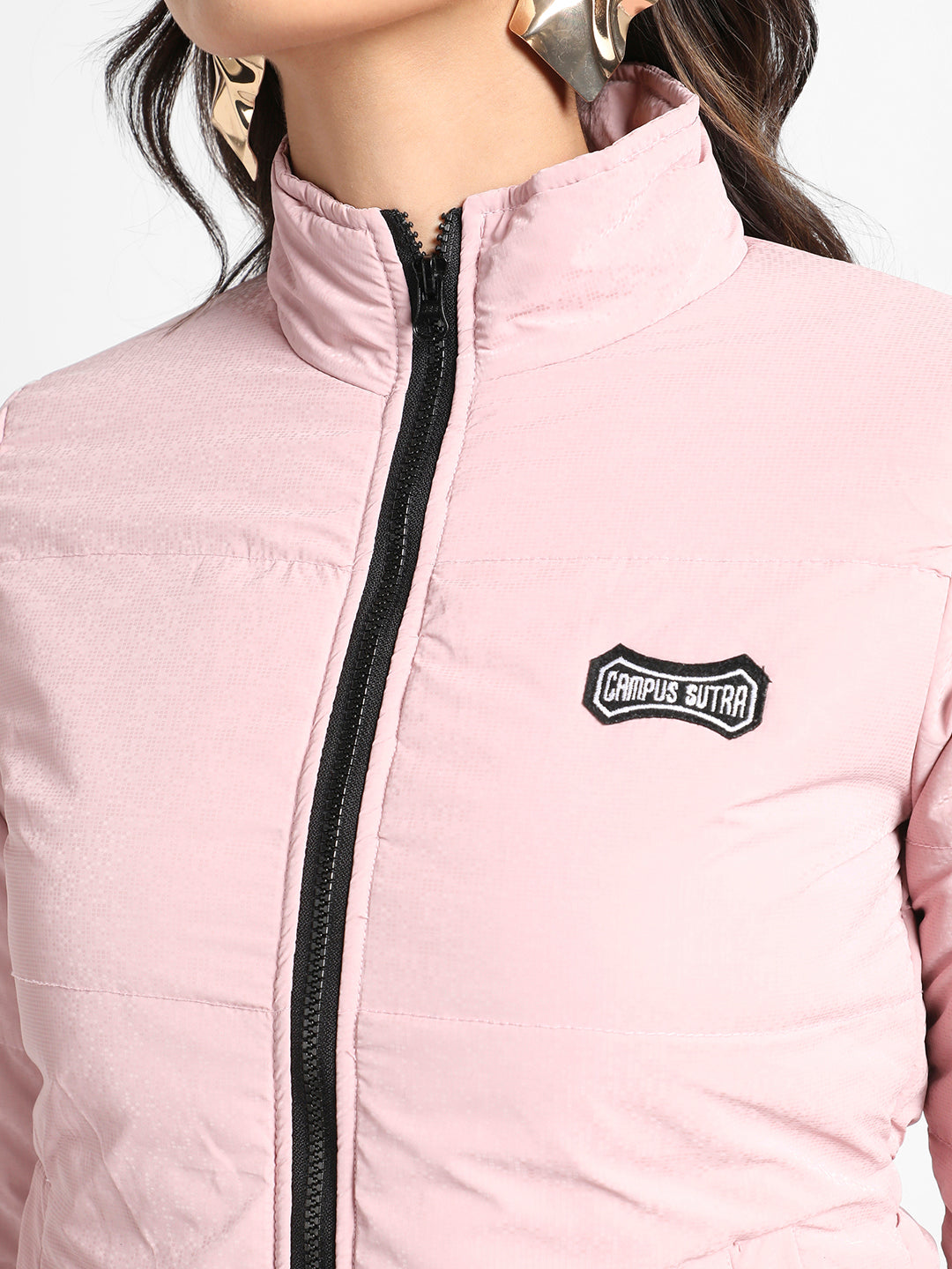 Light Pink Quilted Puffer Jacket With Zip Closure