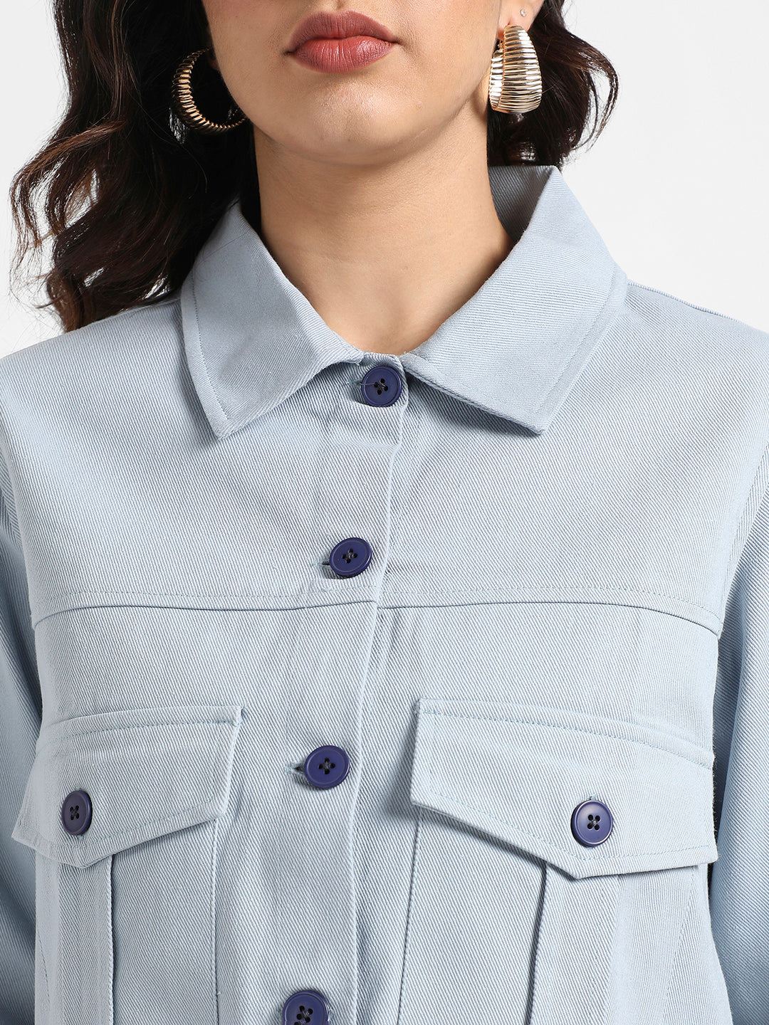 Light Blue Front-Button Jacket With Flap Pockets