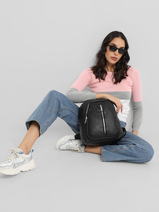 Zip-Front Curve Mini Backpack - Black