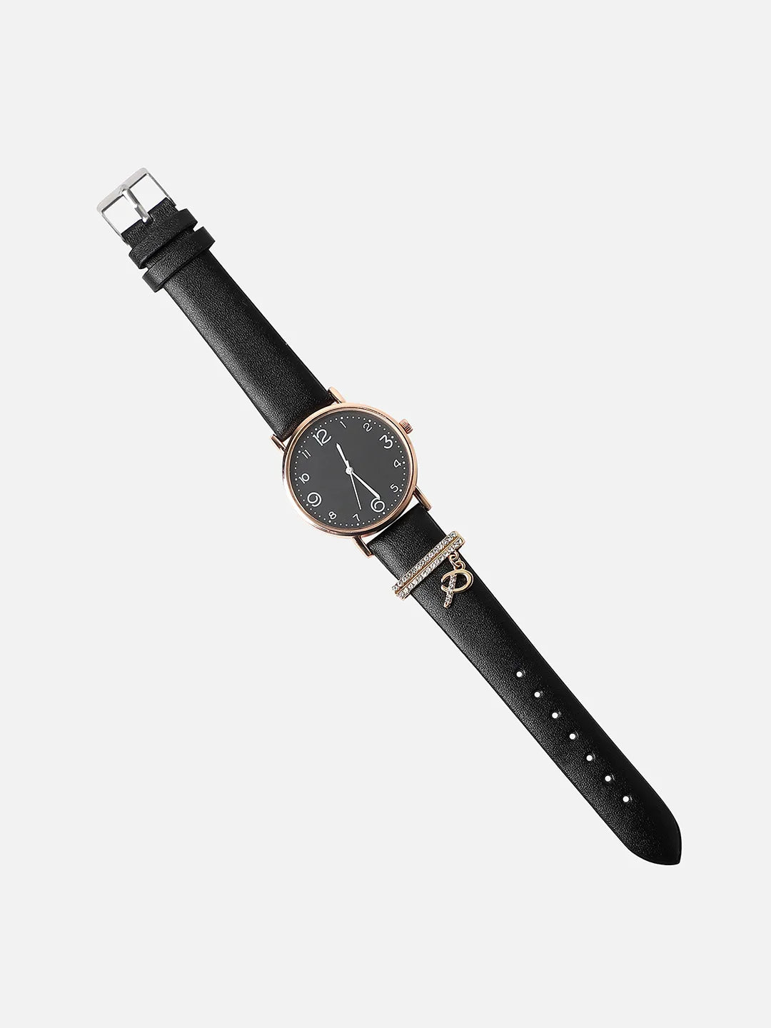 Round Analog Watch With P Liberty Initial Watch Charm - Black