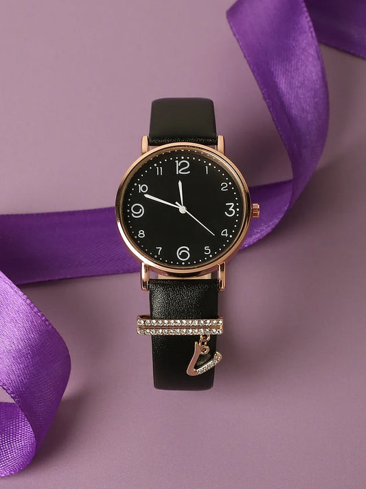 Round Analog Watch With V Liberty Initial Watch Charm - Black