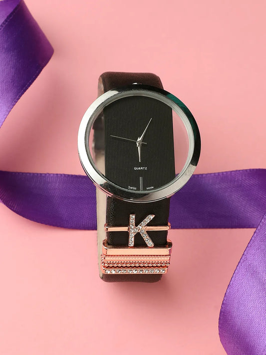 Round Analog Watch With K Initial Watch Charm - Black