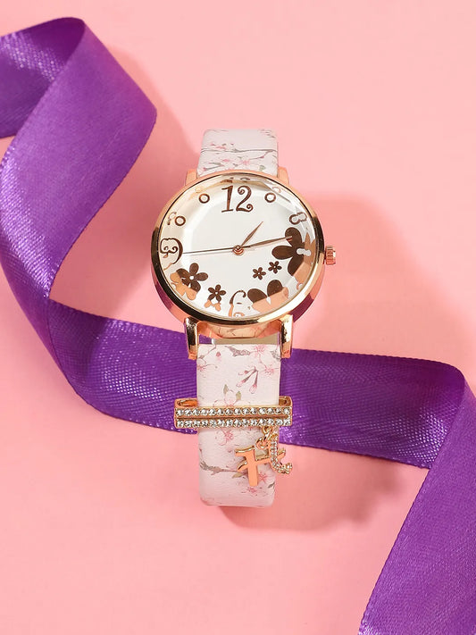 Round Analog Watch With H Liberty Initial Watch Charm - White