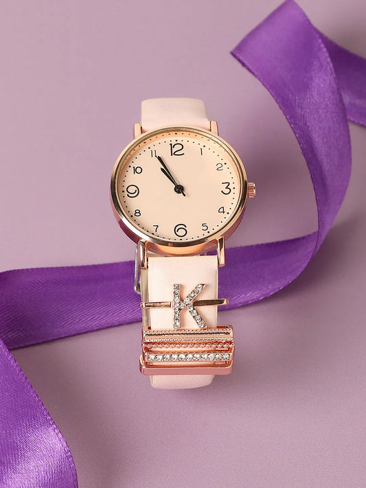 Round Analog Watch With K Initial Watch Charm - Dusty Pink