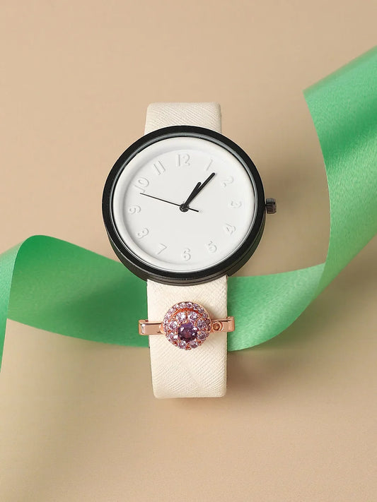 Round Analog Watch With Amethyst Watch Charm - White