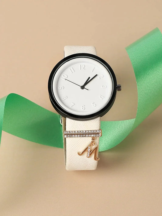 Round Analog Watch With M Liberty Initial Watch Charm - White
