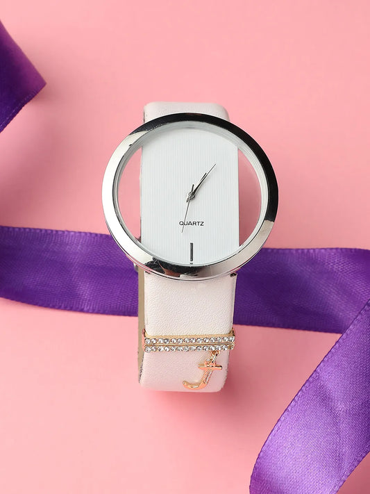 Round Analog Watch With J Liberty Initial Watch Charm - White