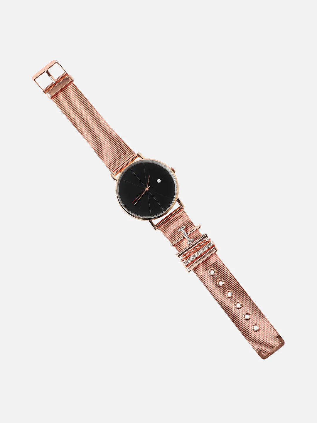 Round Analog Watch With I Initial Watch Charm - Rose Gold