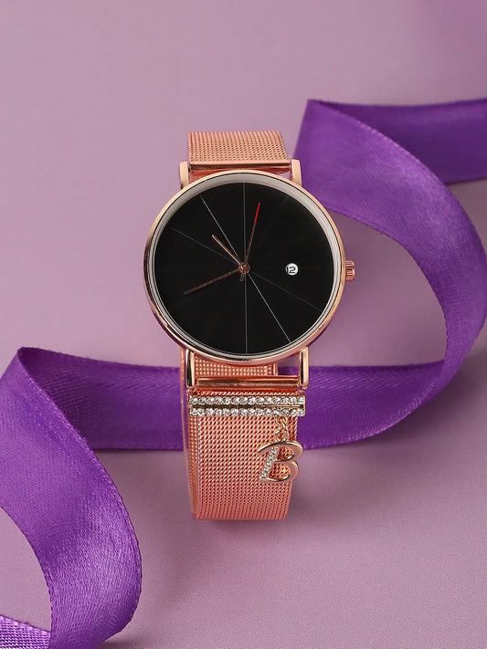 Round Analog Watch With B Liberty Initial Watch Charm - Rose Gold