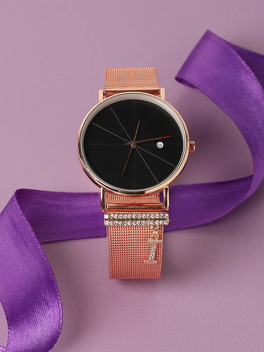 Round Analog Watch With I Liberty Initial Watch Charm - Rose Gold