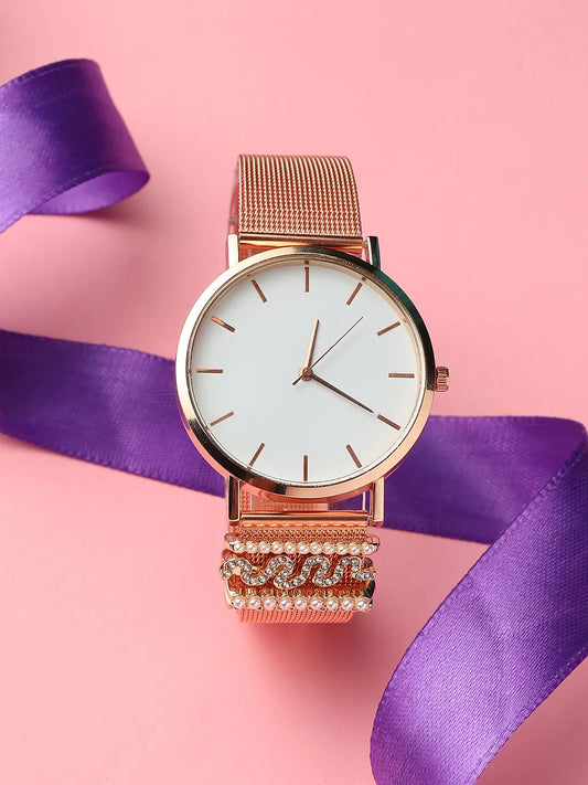 Round Analog Watch With Pearl Wave Watch Charm - Rose Gold